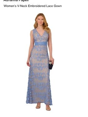 Adrianna Papell Periwinkle Blue Embroidered Lace V-Neck Maxi Gown